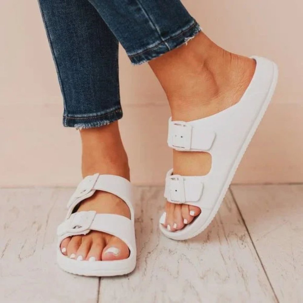 NEW Adjustable Double Buckled Straps Comfy Slip On Slides Slippers Sandals White - Picture 2 of 12
